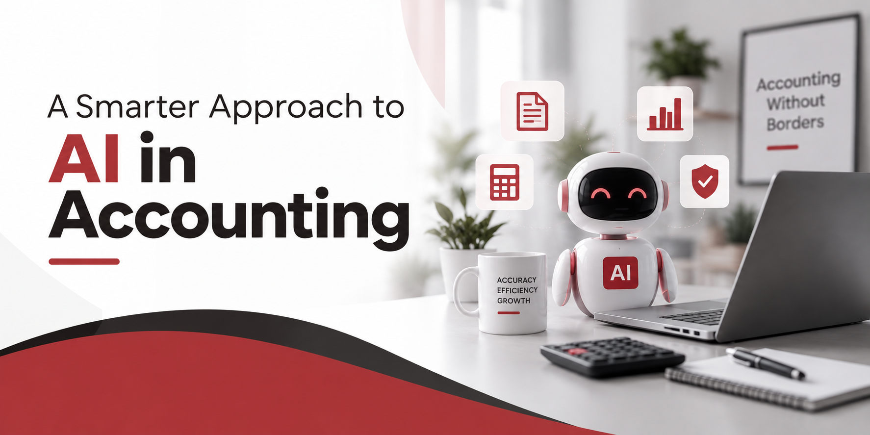 AI-powered accounting illustration featuring a robot, laptop, financial charts and security icons, representing AI adoption in CPA firms.